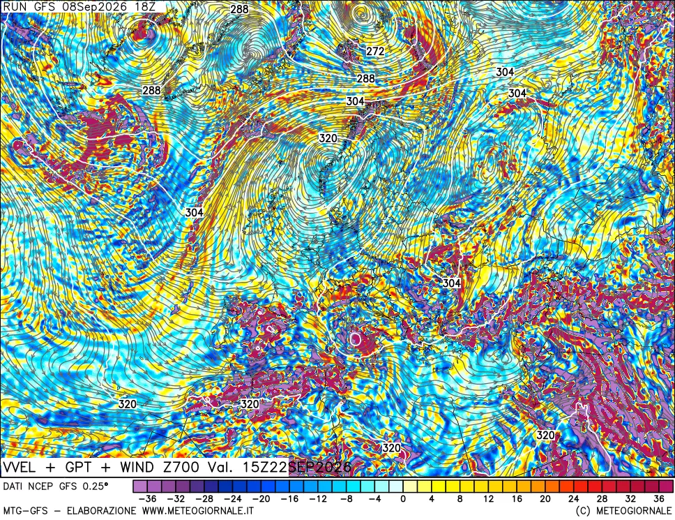 mappa 700 hPa Velocità verticiali + GPT + Vento