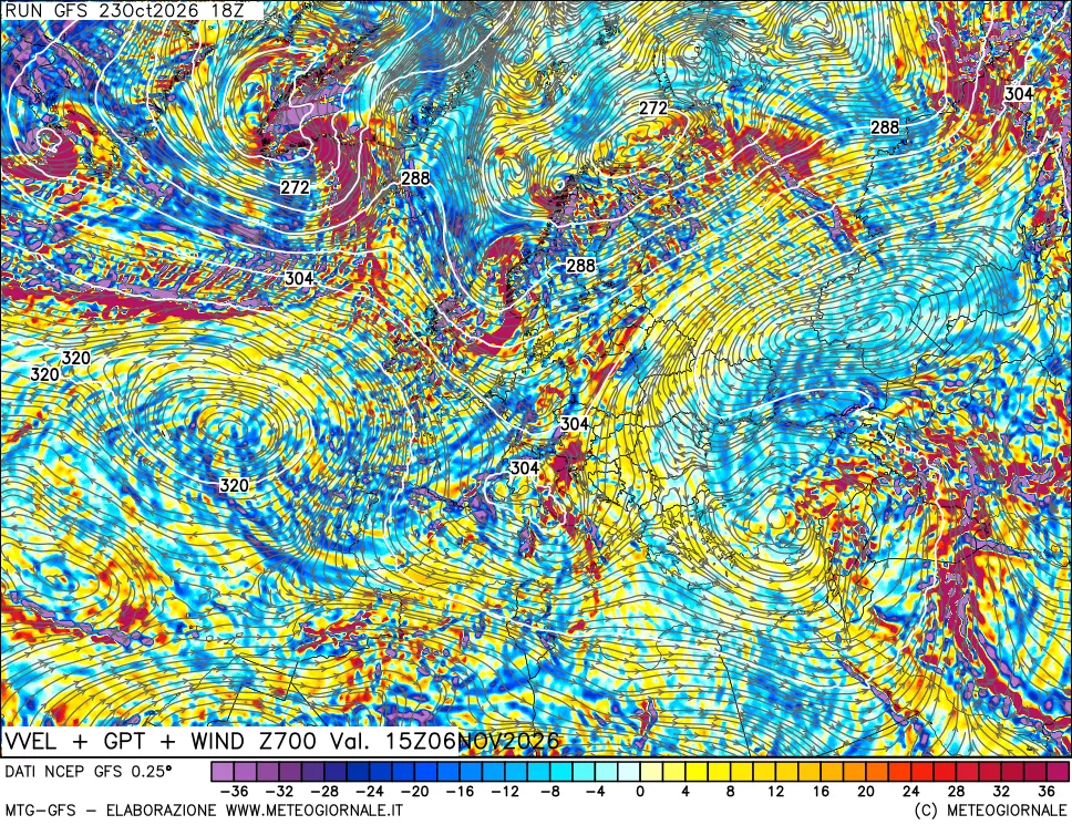 mappa 700 hPa Velocità verticiali + GPT + Vento