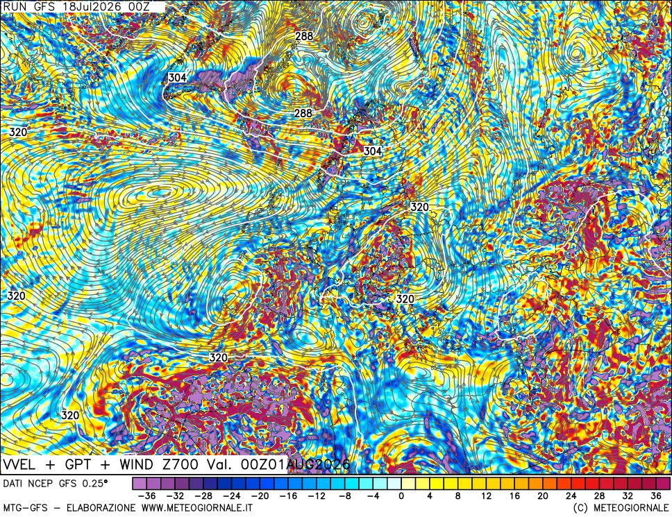 mappa 700 hPa Velocità verticiali + GPT + Vento