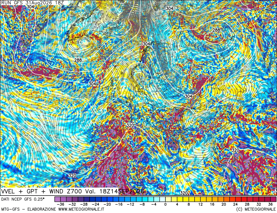 mappa 700 hPa Velocità verticiali + GPT + Vento