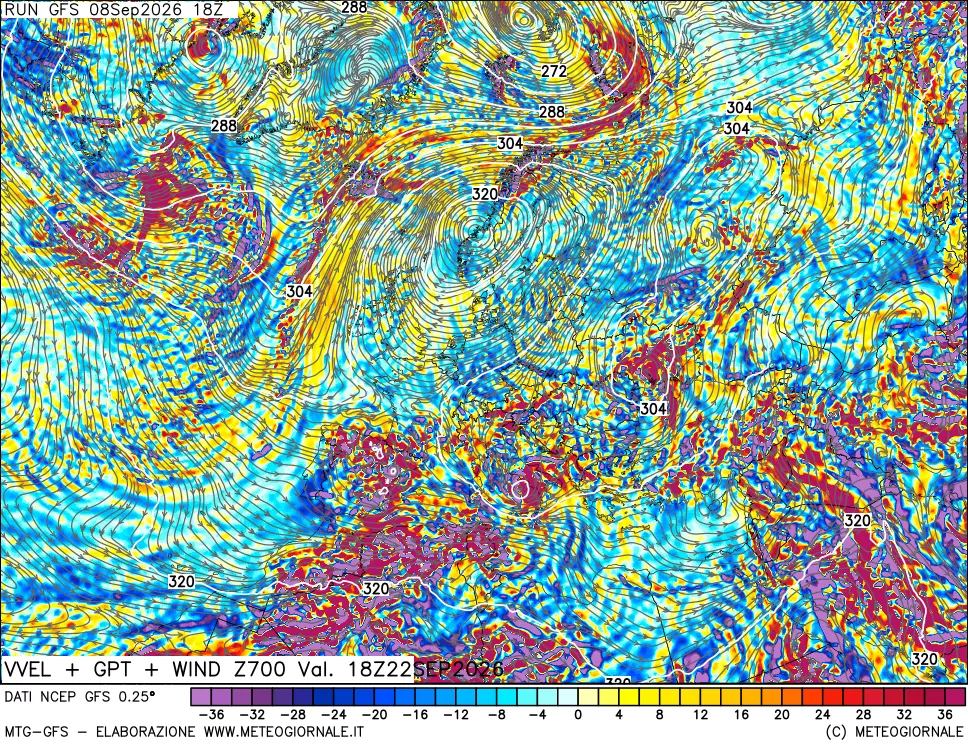 mappa 700 hPa Velocità verticiali + GPT + Vento