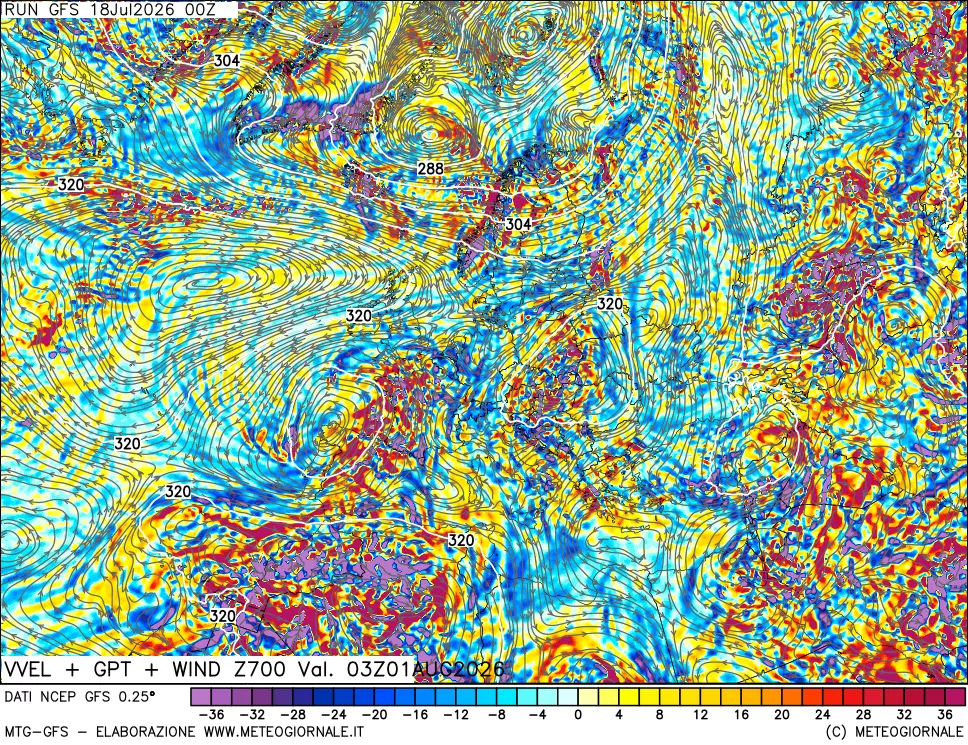 mappa 700 hPa Velocità verticiali + GPT + Vento