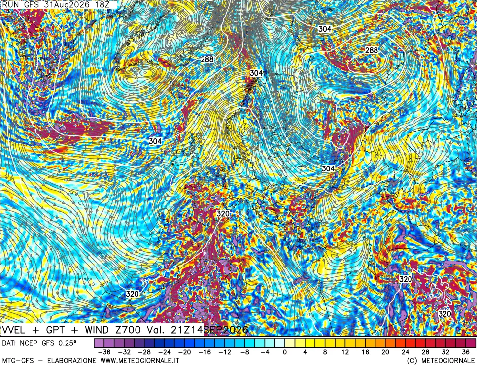 mappa 700 hPa Velocità verticiali + GPT + Vento