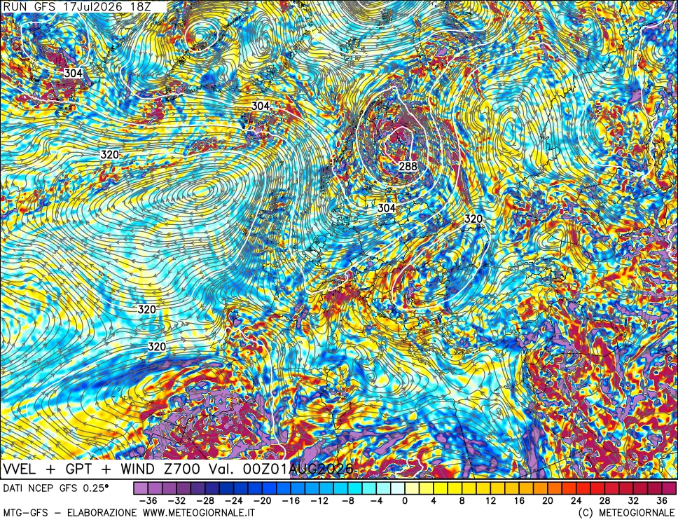 mappa 700 hPa Velocità verticiali + GPT + Vento