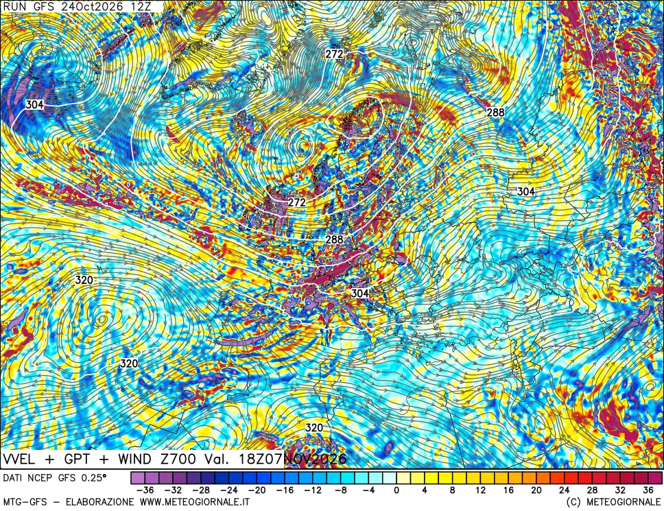 mappa 700 hPa Velocità verticiali + GPT + Vento