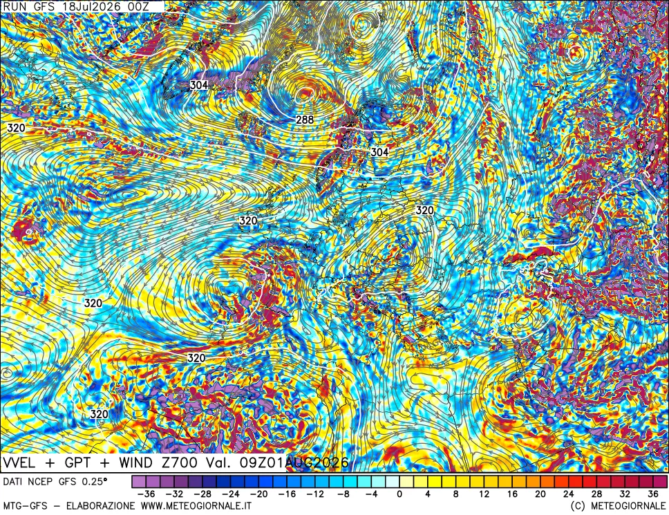 mappa 700 hPa Velocità verticiali + GPT + Vento