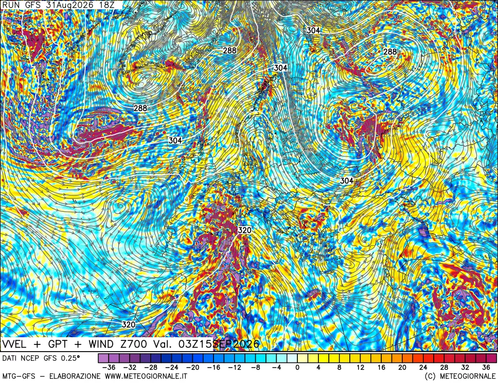 mappa 700 hPa Velocità verticiali + GPT + Vento