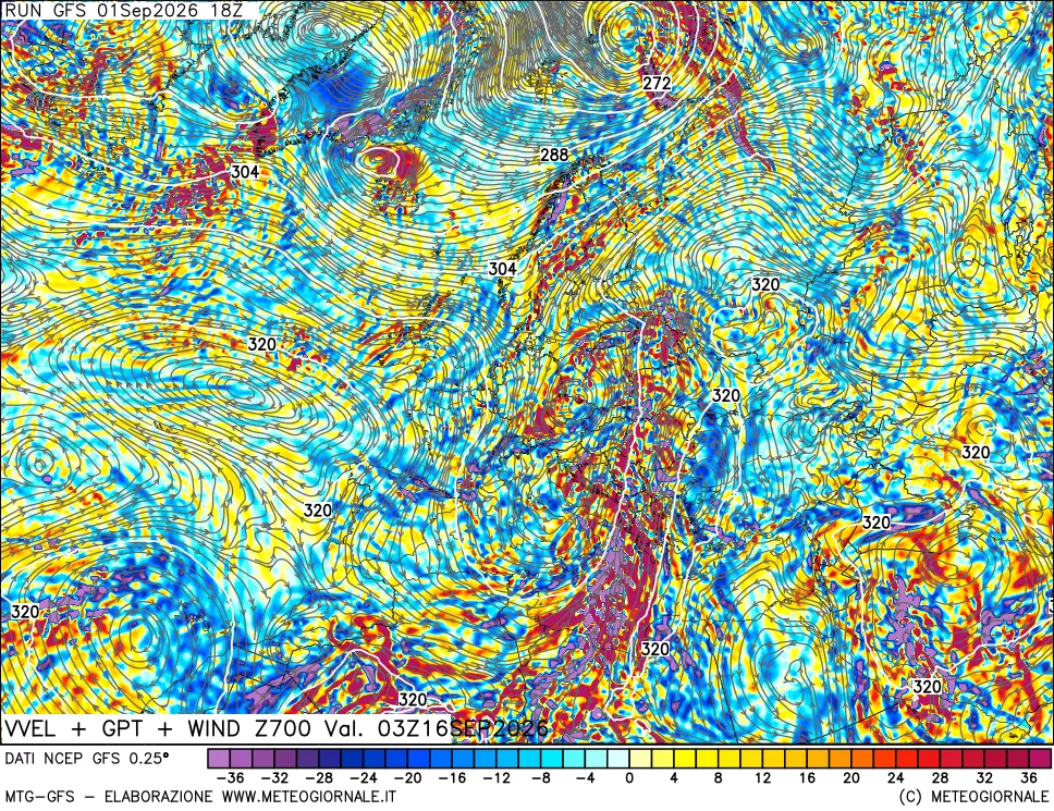 mappa 700 hPa Velocità verticiali + GPT + Vento