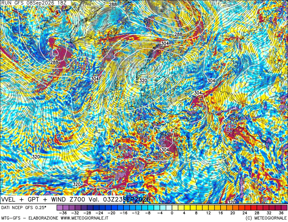 mappa 700 hPa Velocità verticiali + GPT + Vento