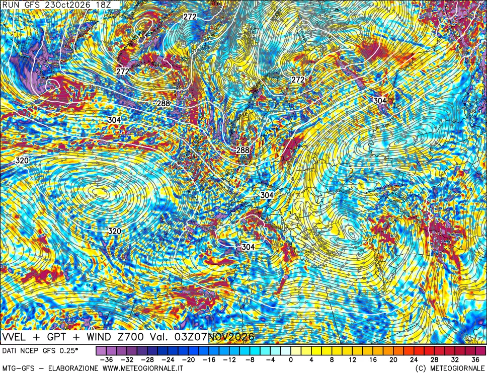 mappa 700 hPa Velocità verticiali + GPT + Vento