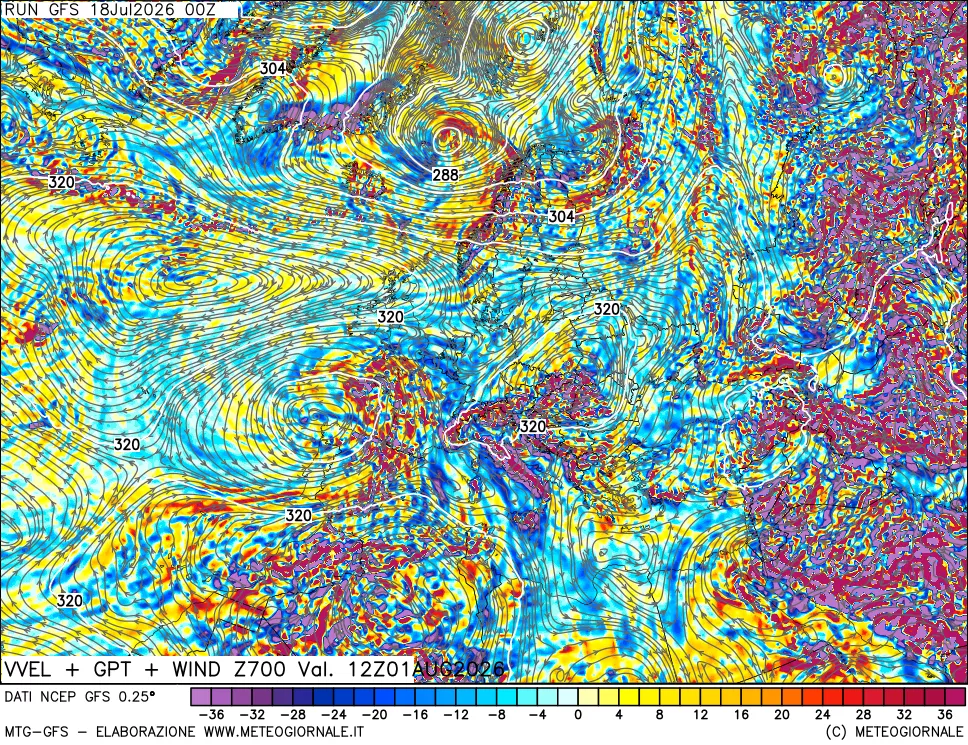 mappa 700 hPa Velocità verticiali + GPT + Vento