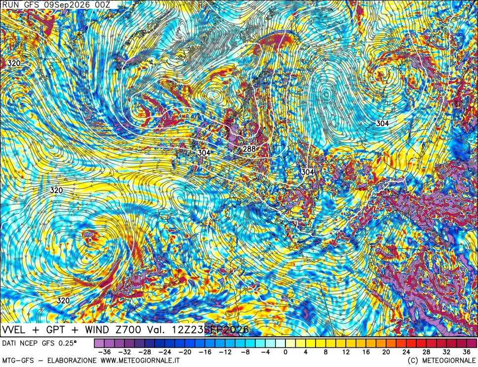 mappa 700 hPa Velocità verticiali + GPT + Vento