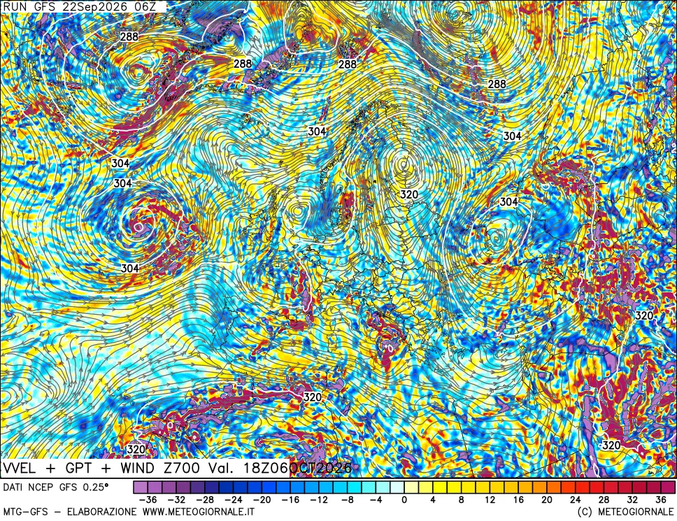 mappa 700 hPa Velocità verticiali + GPT + Vento