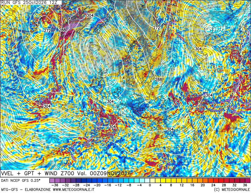 mappa 700 hPa Velocità verticiali + GPT + Vento