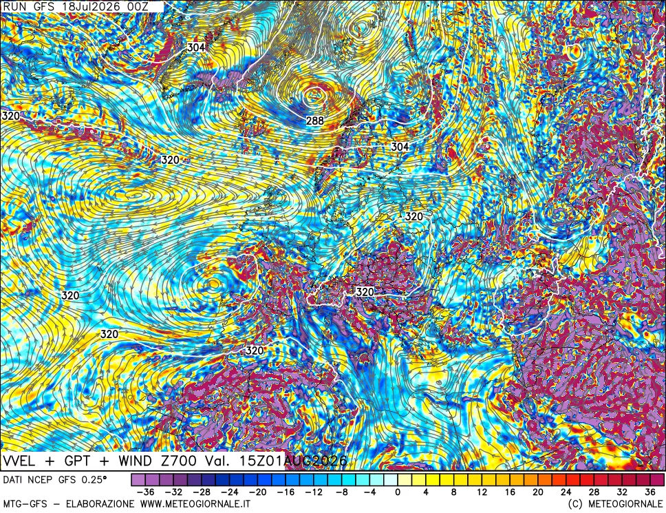 mappa 700 hPa Velocità verticiali + GPT + Vento