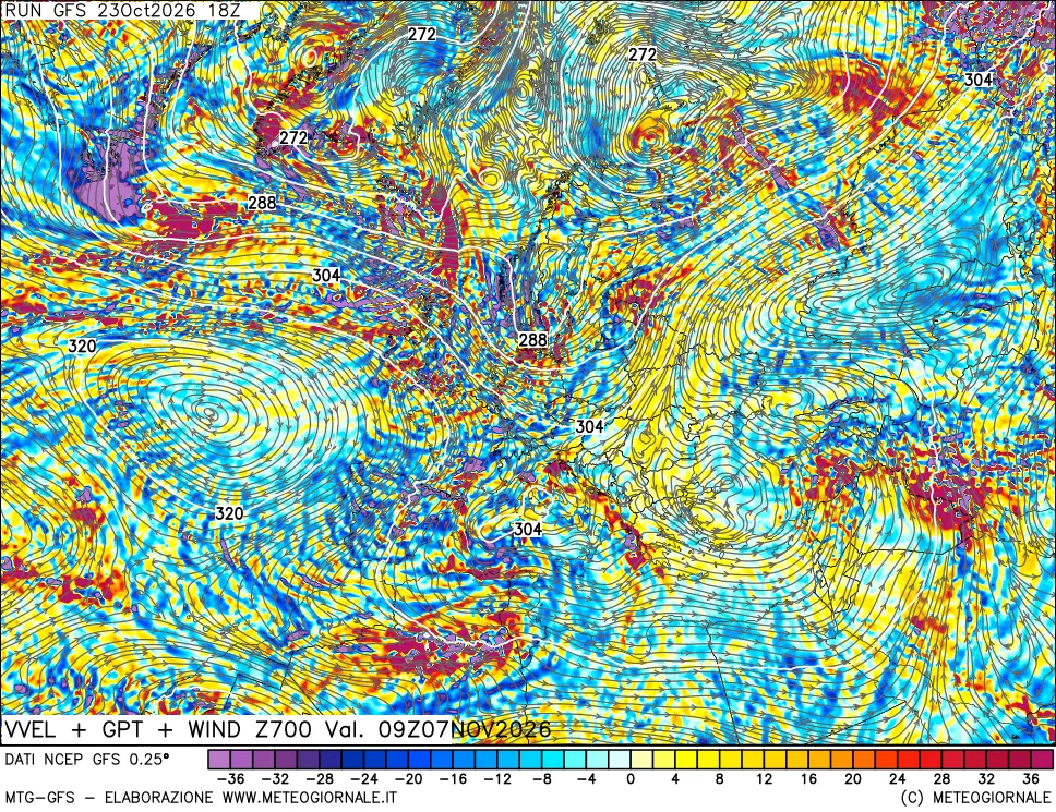 mappa 700 hPa Velocità verticiali + GPT + Vento