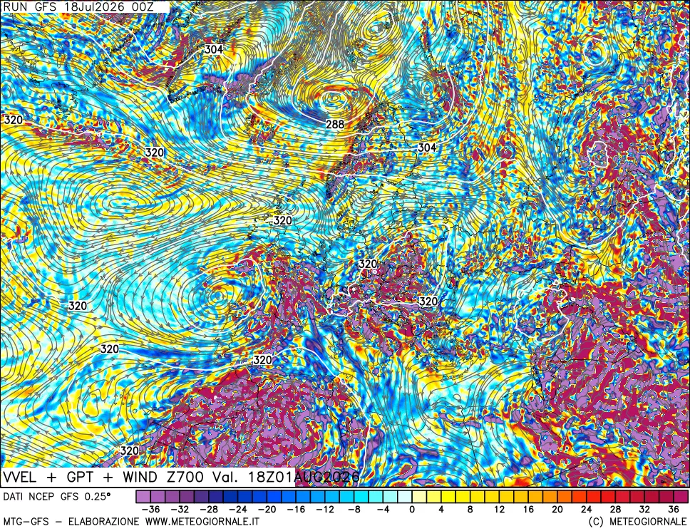 mappa 700 hPa Velocità verticiali + GPT + Vento
