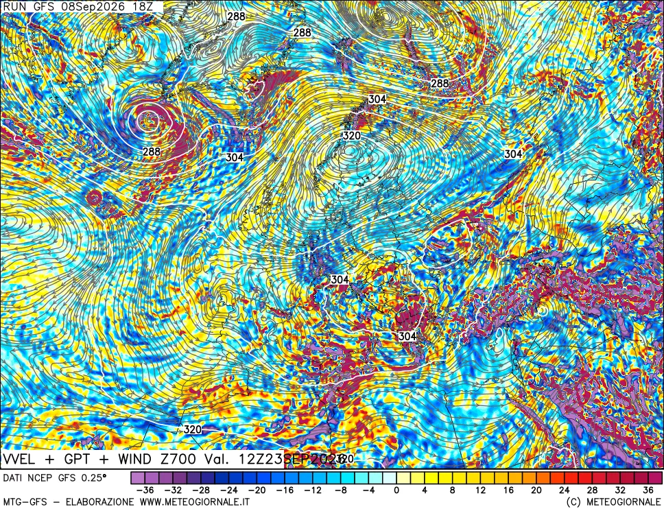 mappa 700 hPa Velocità verticiali + GPT + Vento