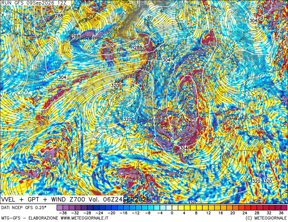 mappa 700 hPa Velocità verticiali + GPT + Vento