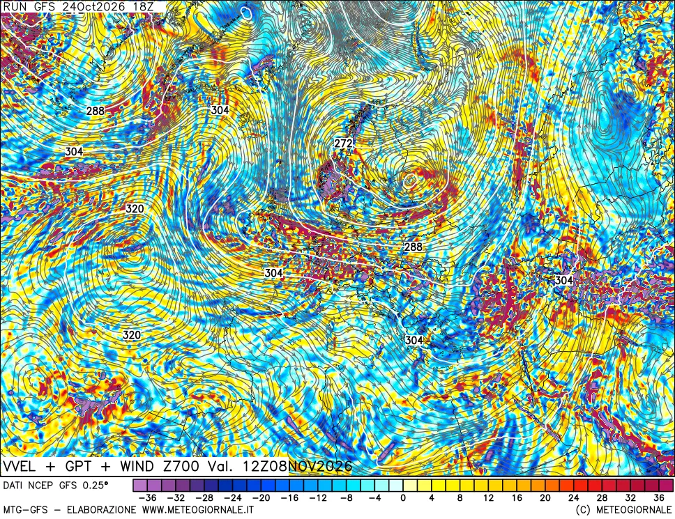 mappa 700 hPa Velocità verticiali + GPT + Vento