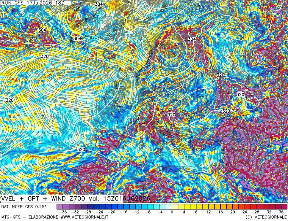 mappa 700 hPa Velocità verticiali + GPT + Vento