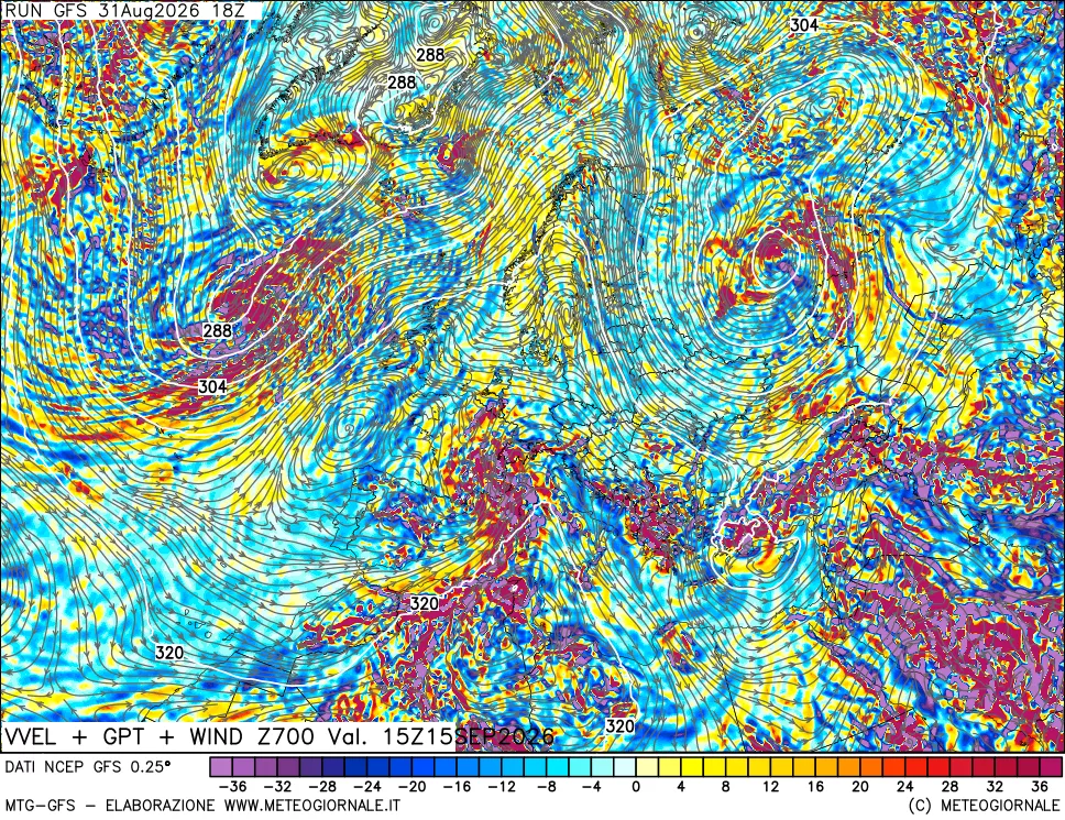 mappa 700 hPa Velocità verticiali + GPT + Vento
