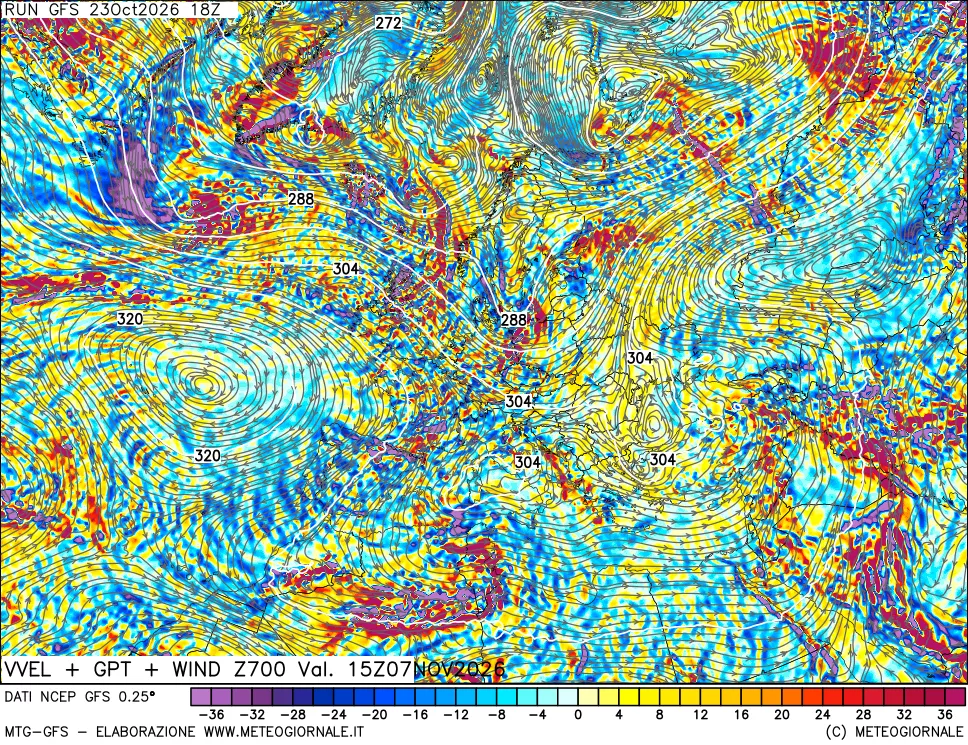 mappa 700 hPa Velocità verticiali + GPT + Vento