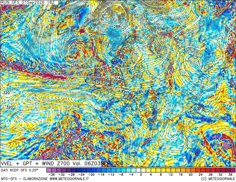 mappa 700 hPa Velocità verticiali + GPT + Vento