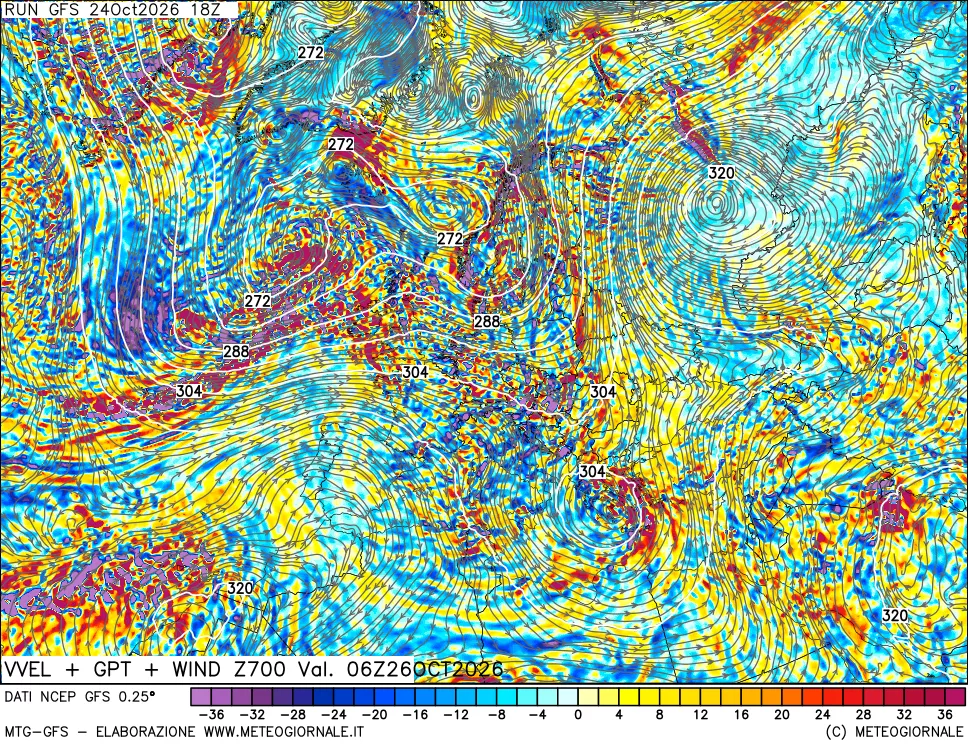 mappa 700 hPa Velocità verticiali + GPT + Vento