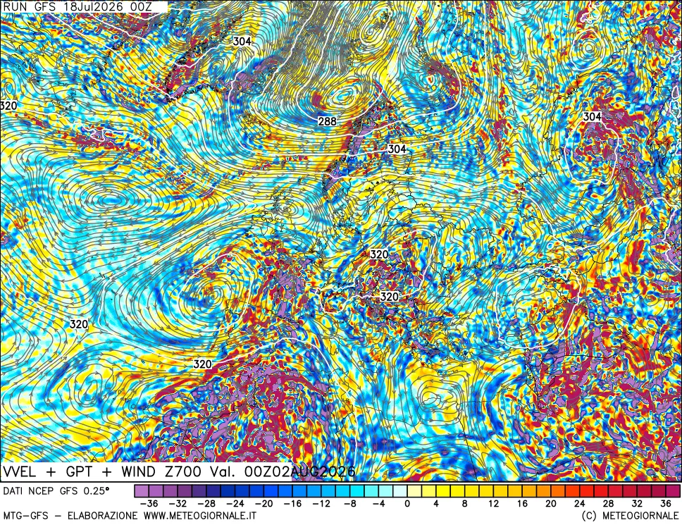 mappa 700 hPa Velocità verticiali + GPT + Vento