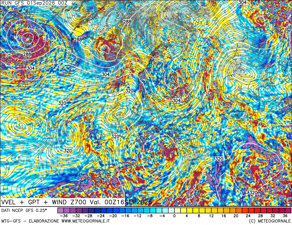 mappa 700 hPa Velocità verticiali + GPT + Vento