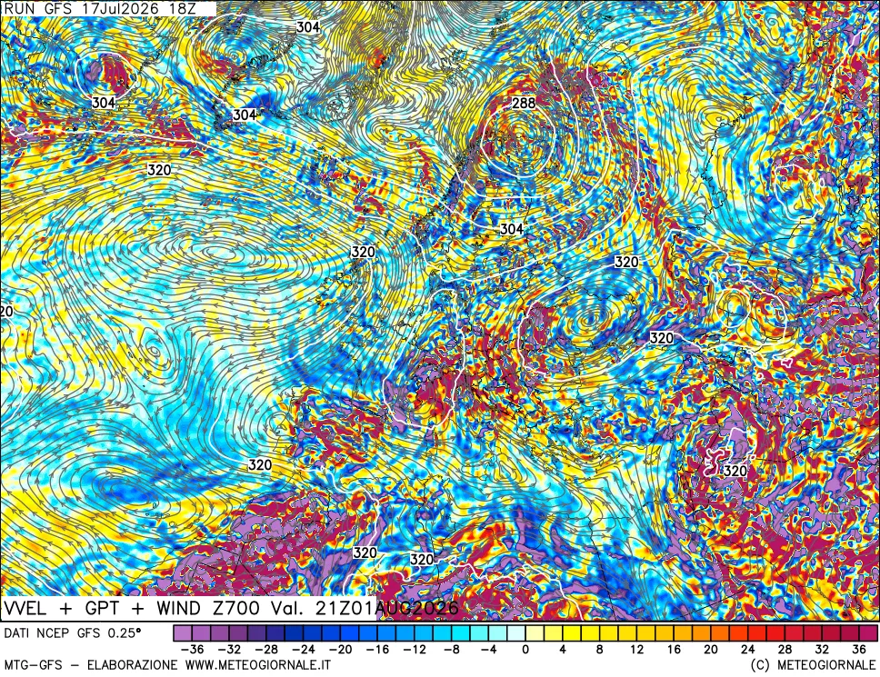 mappa 700 hPa Velocità verticiali + GPT + Vento