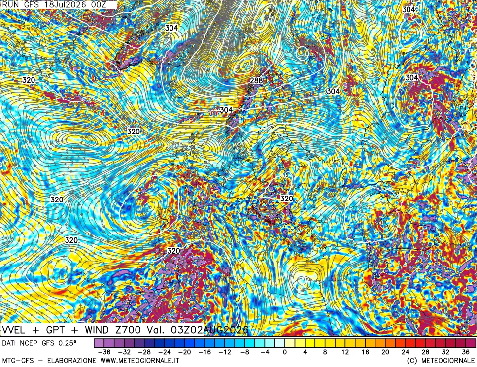 mappa 700 hPa Velocità verticiali + GPT + Vento
