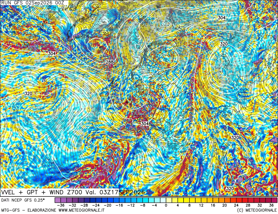 mappa 700 hPa Velocità verticiali + GPT + Vento