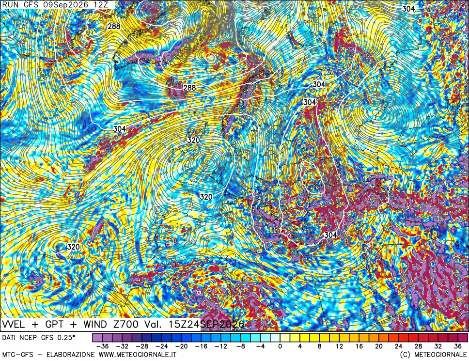 mappa 700 hPa Velocità verticiali + GPT + Vento