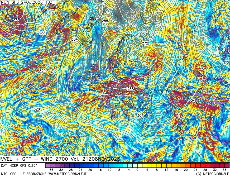 mappa 700 hPa Velocità verticiali + GPT + Vento