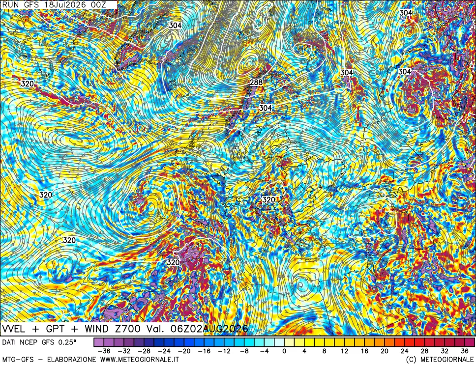 mappa 700 hPa Velocità verticiali + GPT + Vento