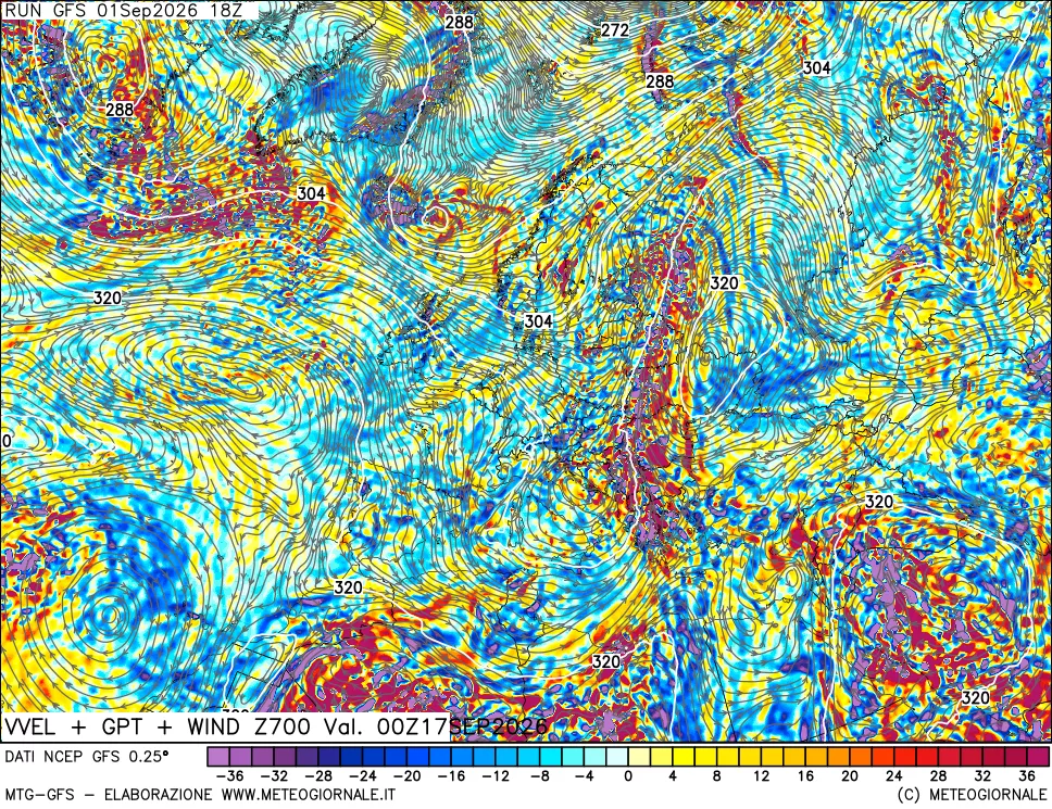 mappa 700 hPa Velocità verticiali + GPT + Vento