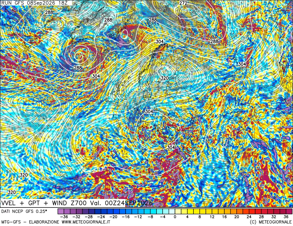 mappa 700 hPa Velocità verticiali + GPT + Vento