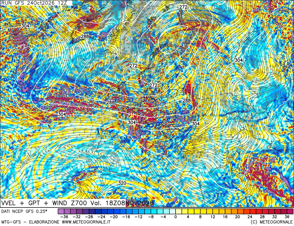 mappa 700 hPa Velocità verticiali + GPT + Vento