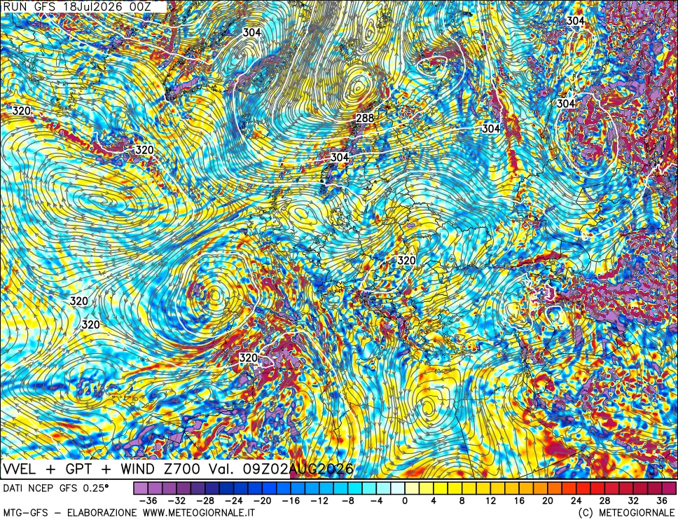 mappa 700 hPa Velocità verticiali + GPT + Vento