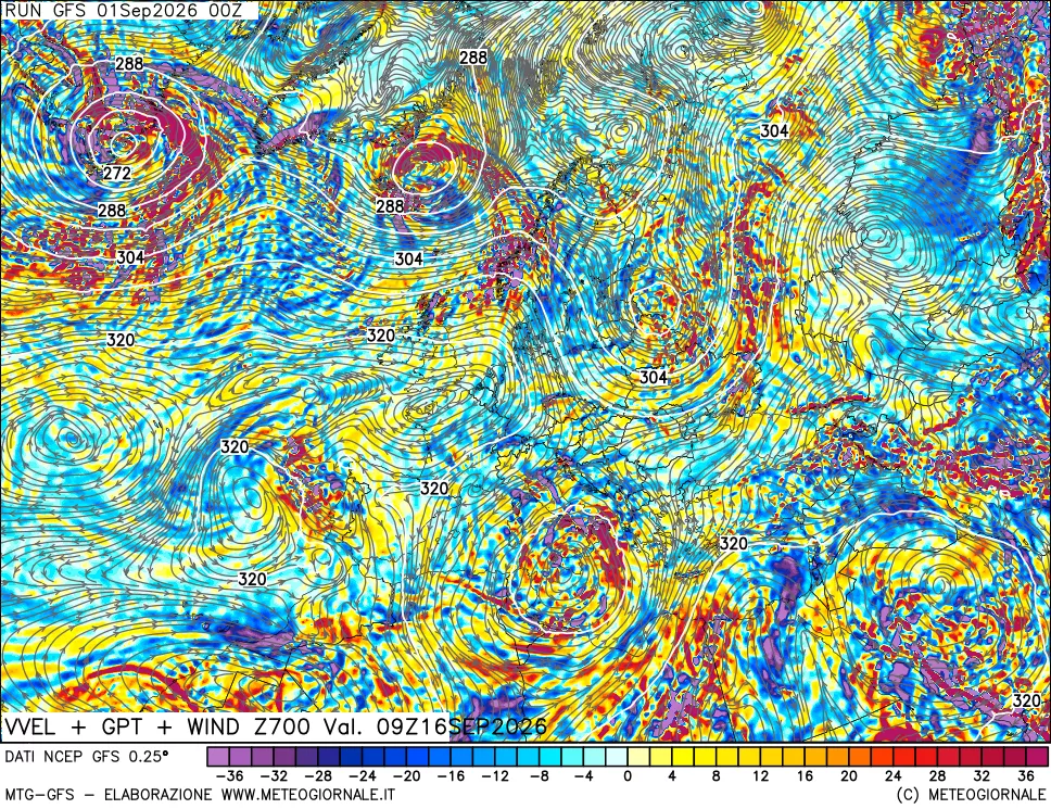 mappa 700 hPa Velocità verticiali + GPT + Vento