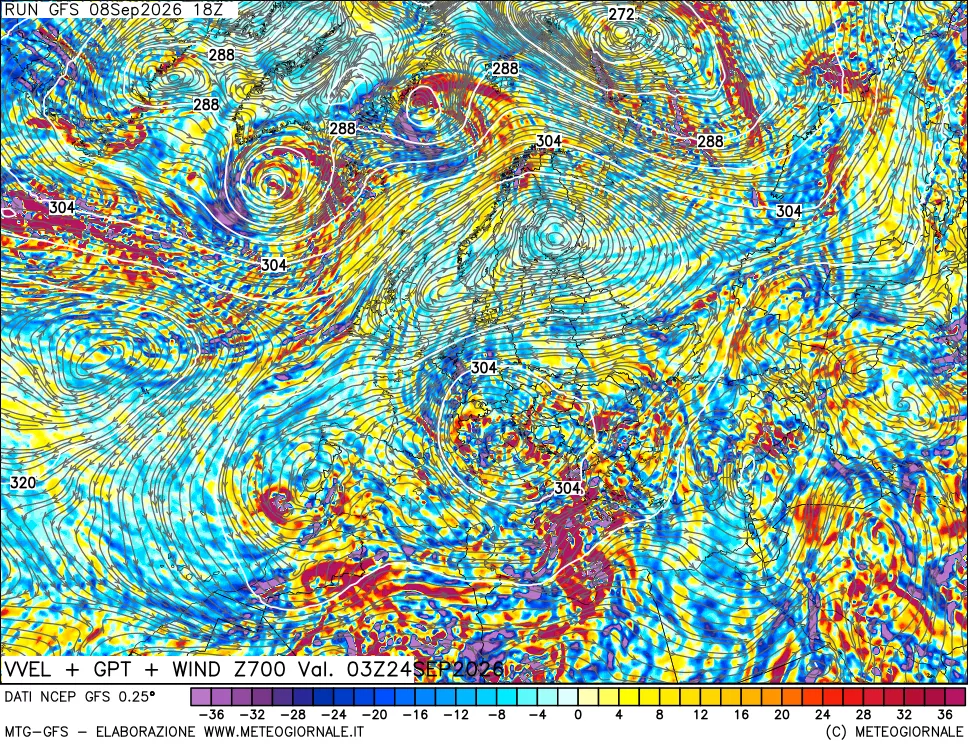 mappa 700 hPa Velocità verticiali + GPT + Vento