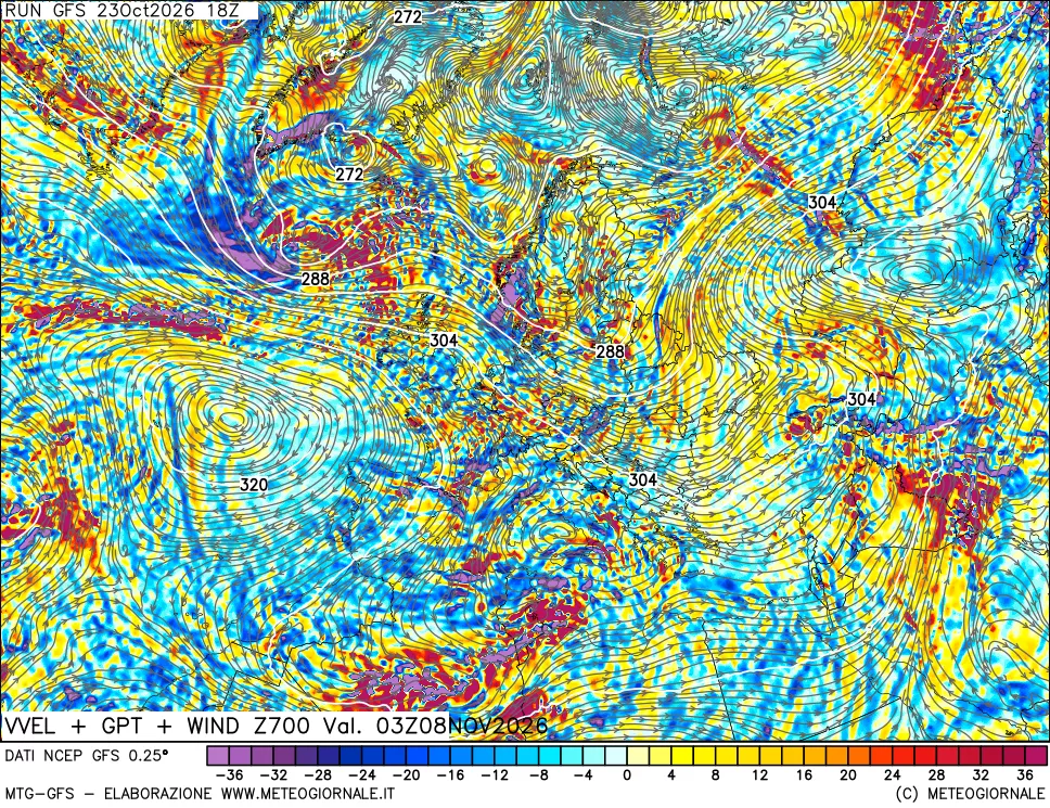 mappa 700 hPa Velocità verticiali + GPT + Vento