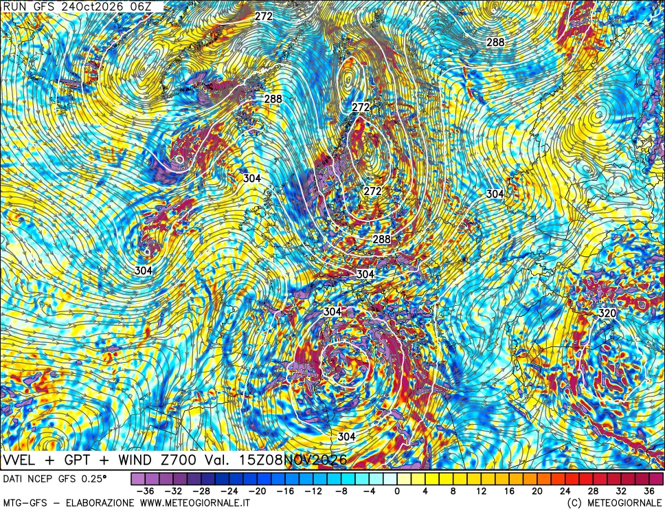 mappa 700 hPa Velocità verticiali + GPT + Vento