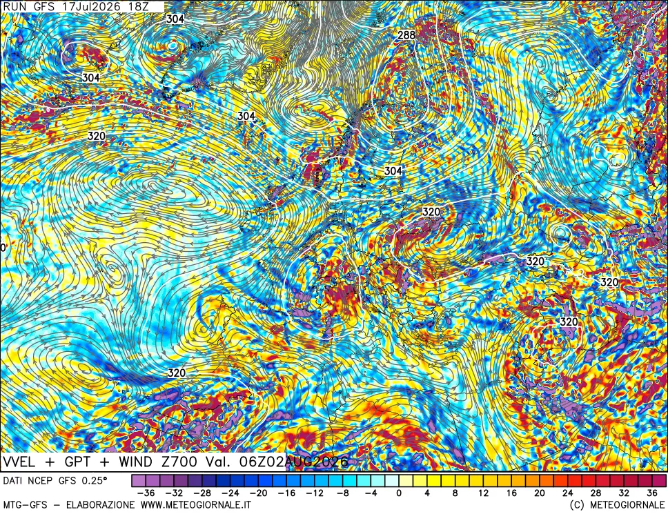mappa 700 hPa Velocità verticiali + GPT + Vento