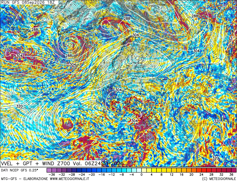 mappa 700 hPa Velocità verticiali + GPT + Vento
