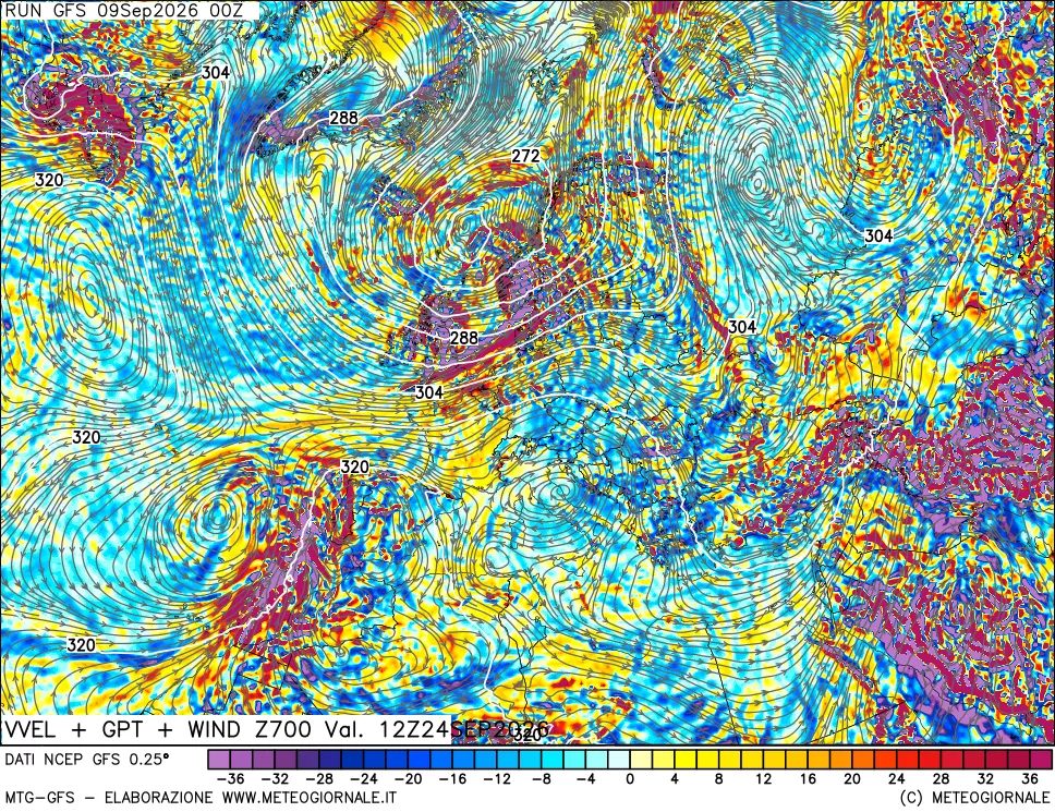 mappa 700 hPa Velocità verticiali + GPT + Vento