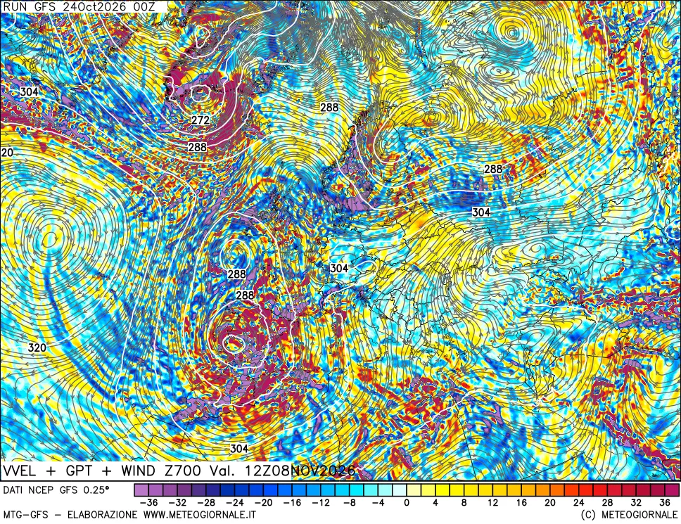 mappa 700 hPa Velocità verticiali + GPT + Vento