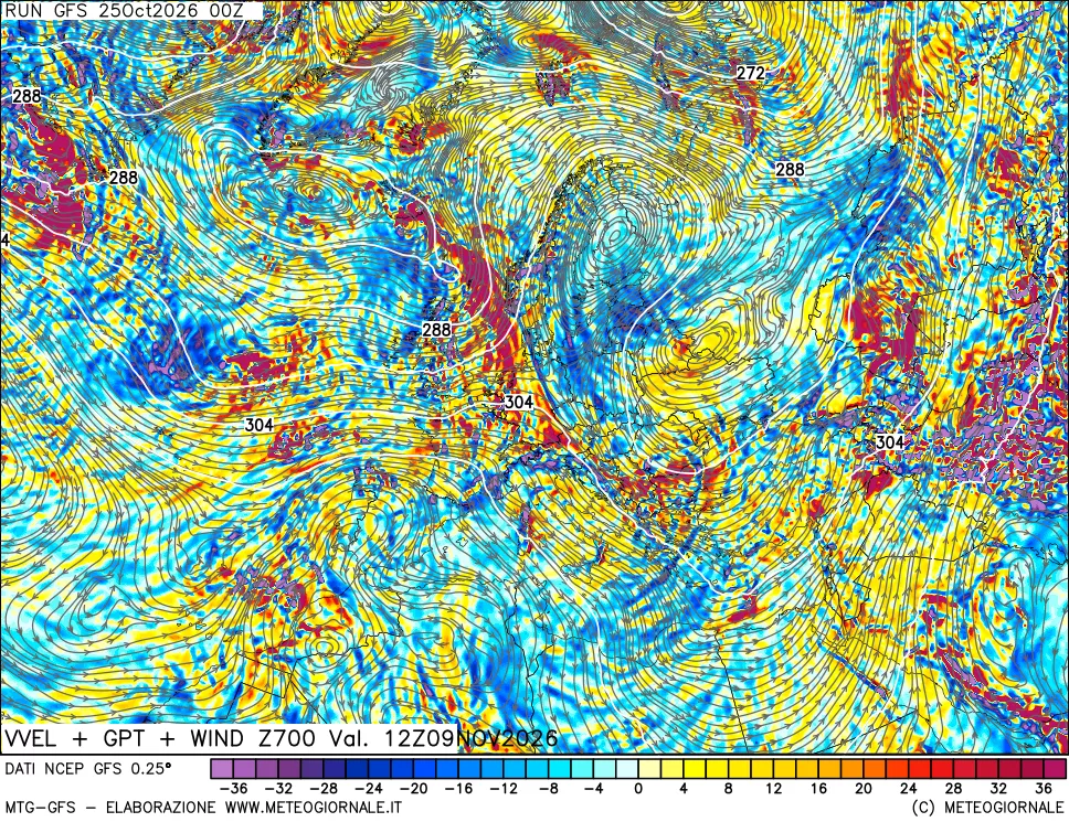 mappa 700 hPa Velocità verticiali + GPT + Vento